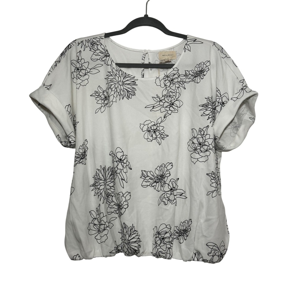Melloday Womens Floral Bubble Hem Blouse‎ White Black Short Sleeve Large NWT